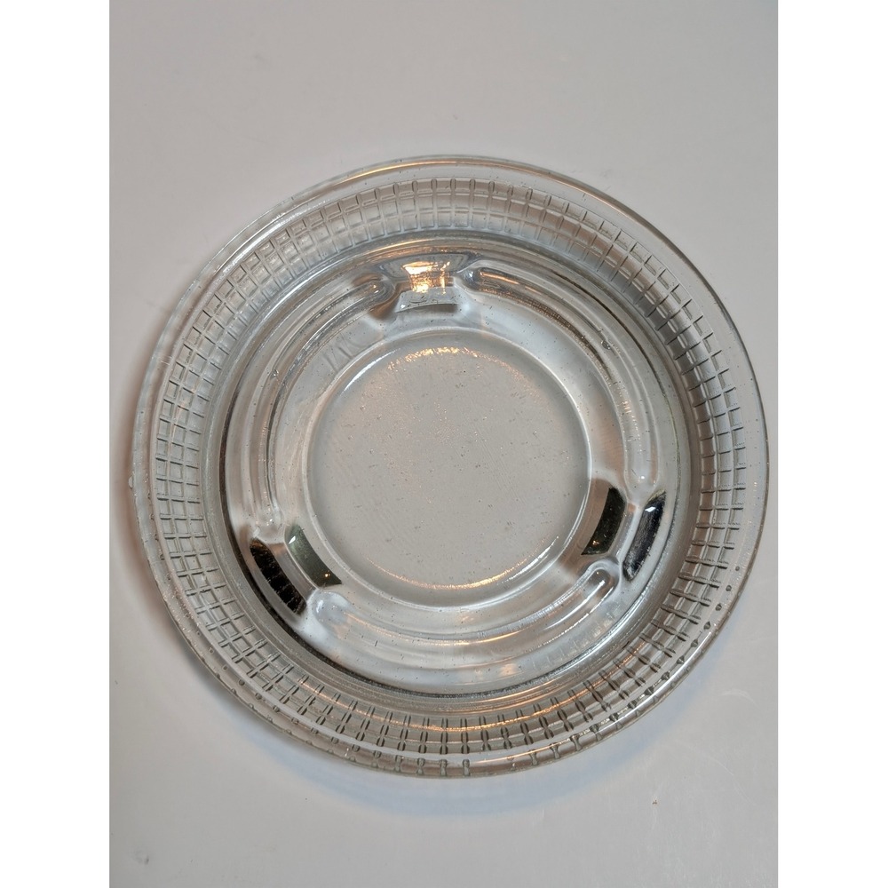 Vintage Clear Glass Ashtray Round Waffle Grid Pattern Textured Rim 3 Rest Dish